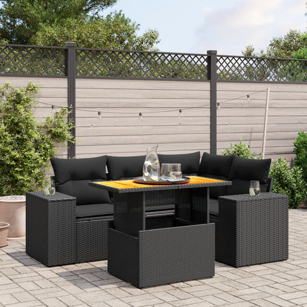 5-tlg. Garten-Sofagarnitur mit Kissen Schwarz Poly Rattan