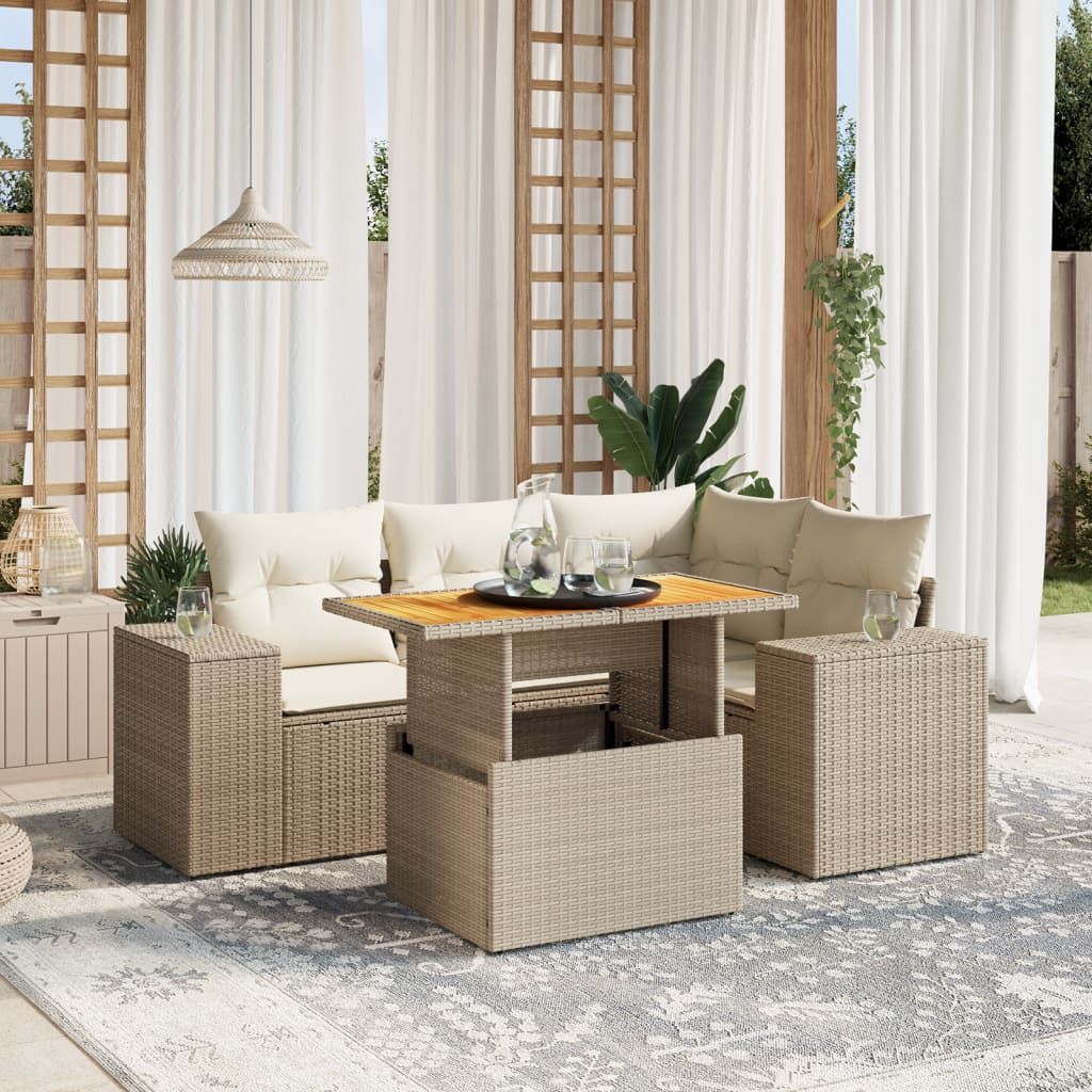 vidaXL 5-tlg. Garten-Sofagarnitur mit Kissen Beige Poly Rattan