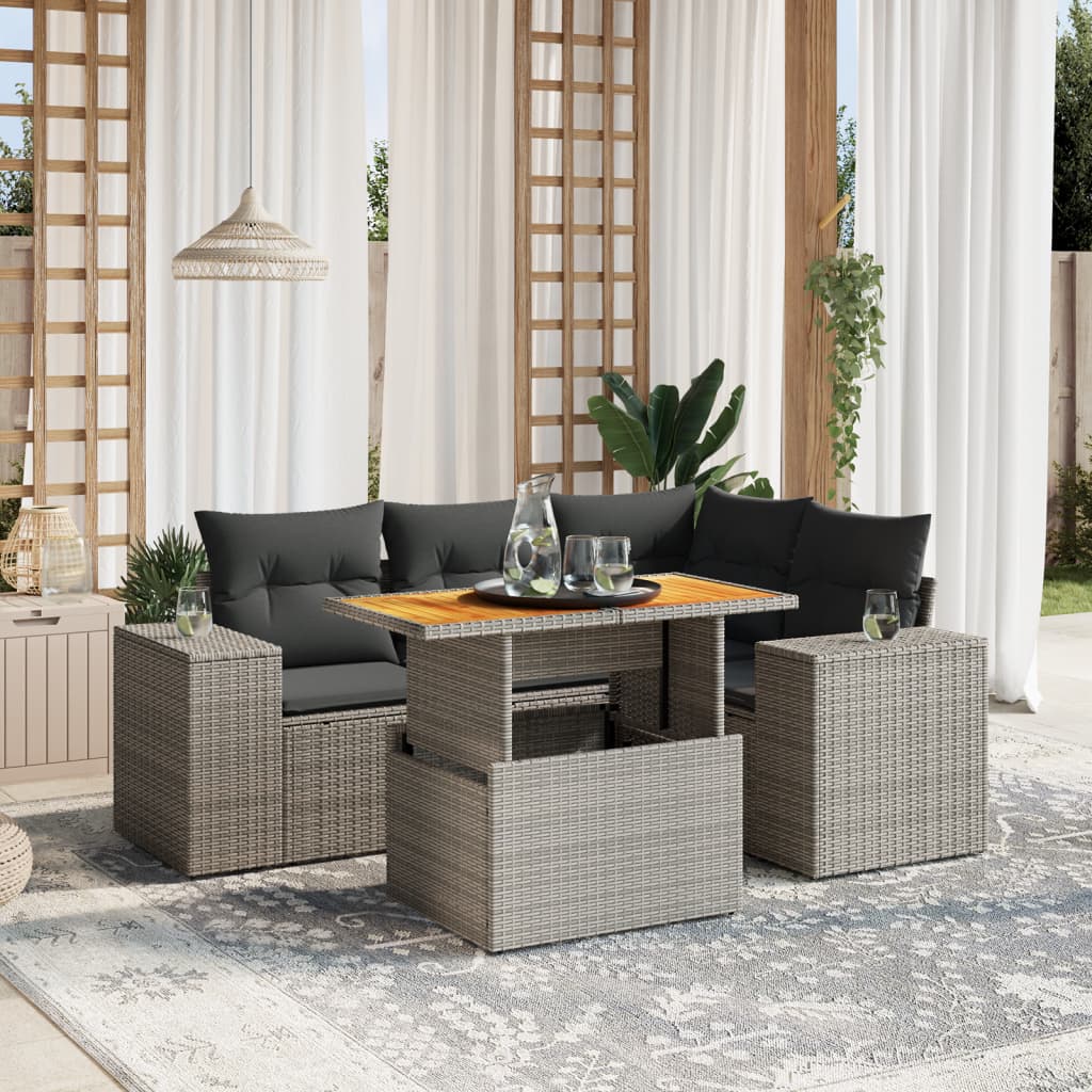 vidaXL 5-tlg. Garten-Sofagarnitur mit Kissen Grau Poly Rattan