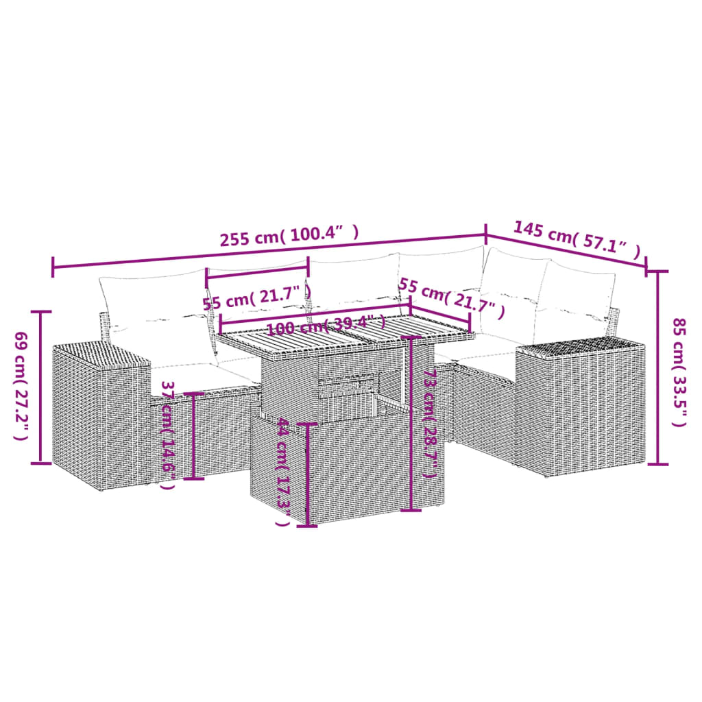 vidaXL 6-delige Loungeset met kussens poly rattan zwart afbeelding
