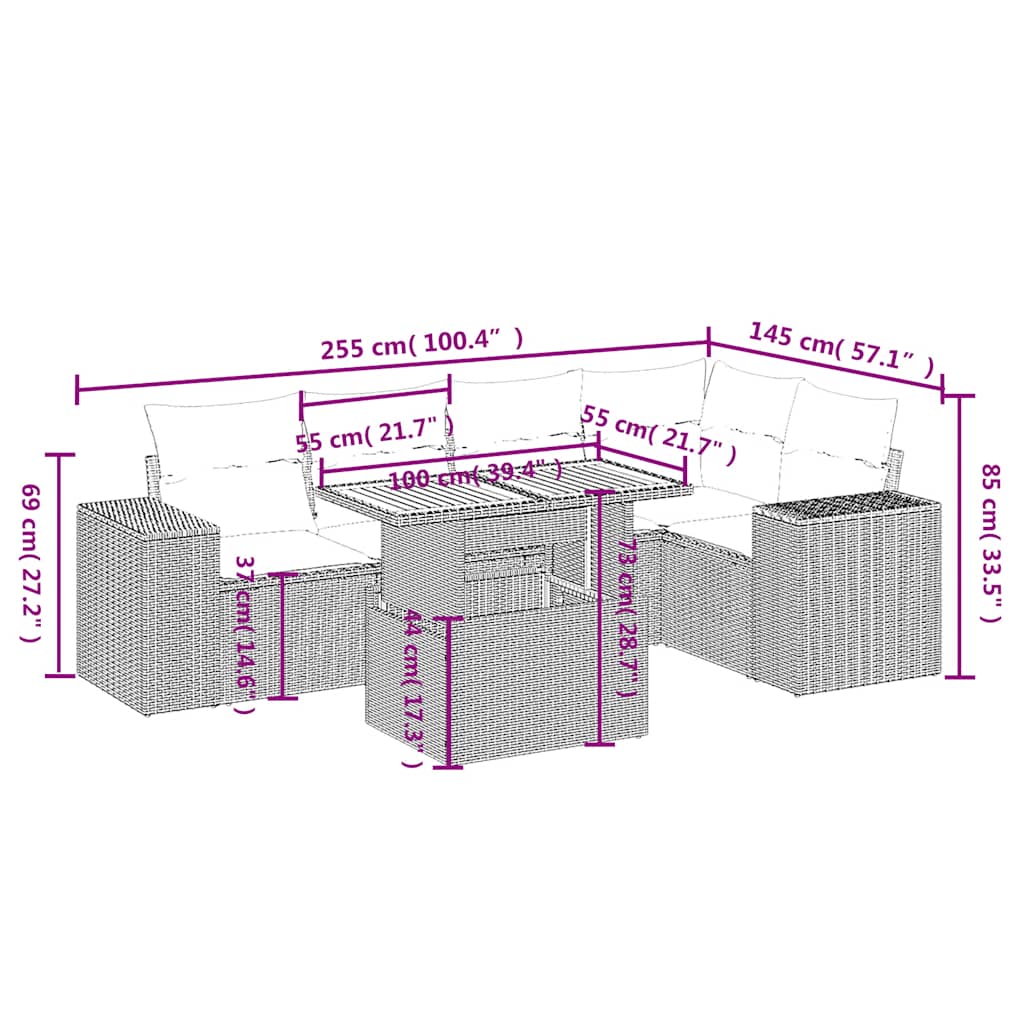 Set mobilier de grădină cu perne, 6 piese, negru, poliratan 3272623 - imagine 3