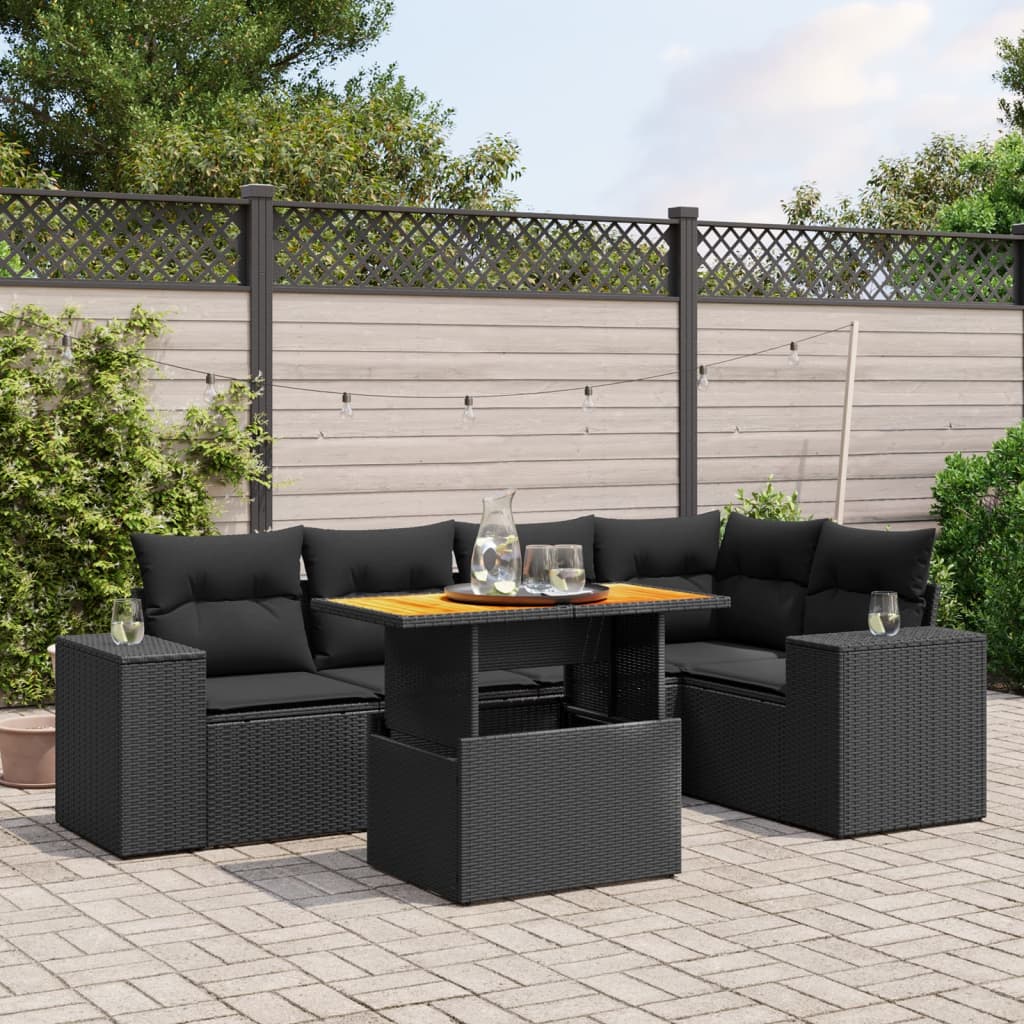 6-tlg. Garten-Sofagarnitur mit Kissen Schwarz Poly Rattan