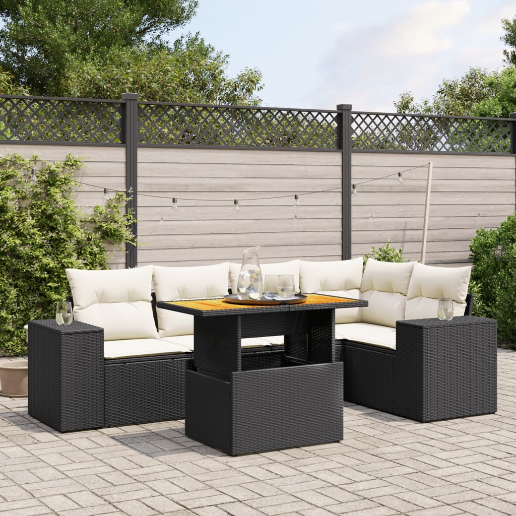 vidaXL 6-tlg. Garten-Sofagarnitur mit Kissen Schwarz Poly Rattan