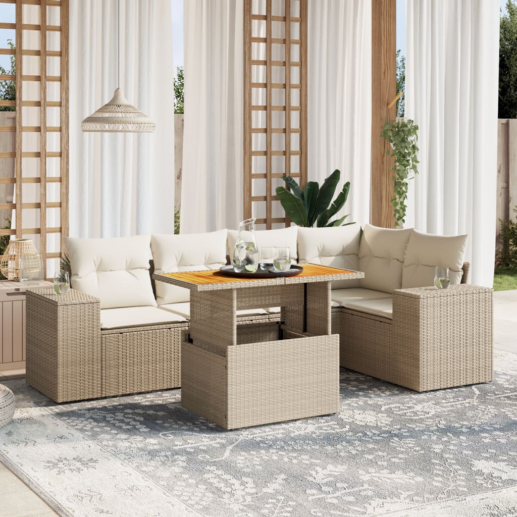 vidaXL 6-tlg. Garten-Sofagarnitur mit Kissen Beige Poly Rattan