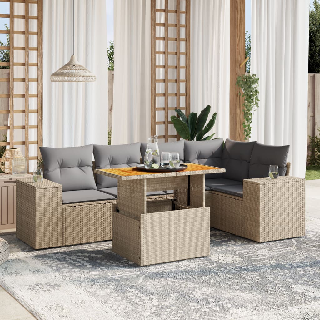 vidaXL 6-tlg. Garten-Sofagarnitur mit Kissen Beige Poly Rattan