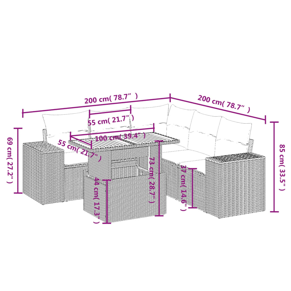 Set mobilier de grădină cu perne, 6 piese, negru, poliratan 3272631 - imagine 3