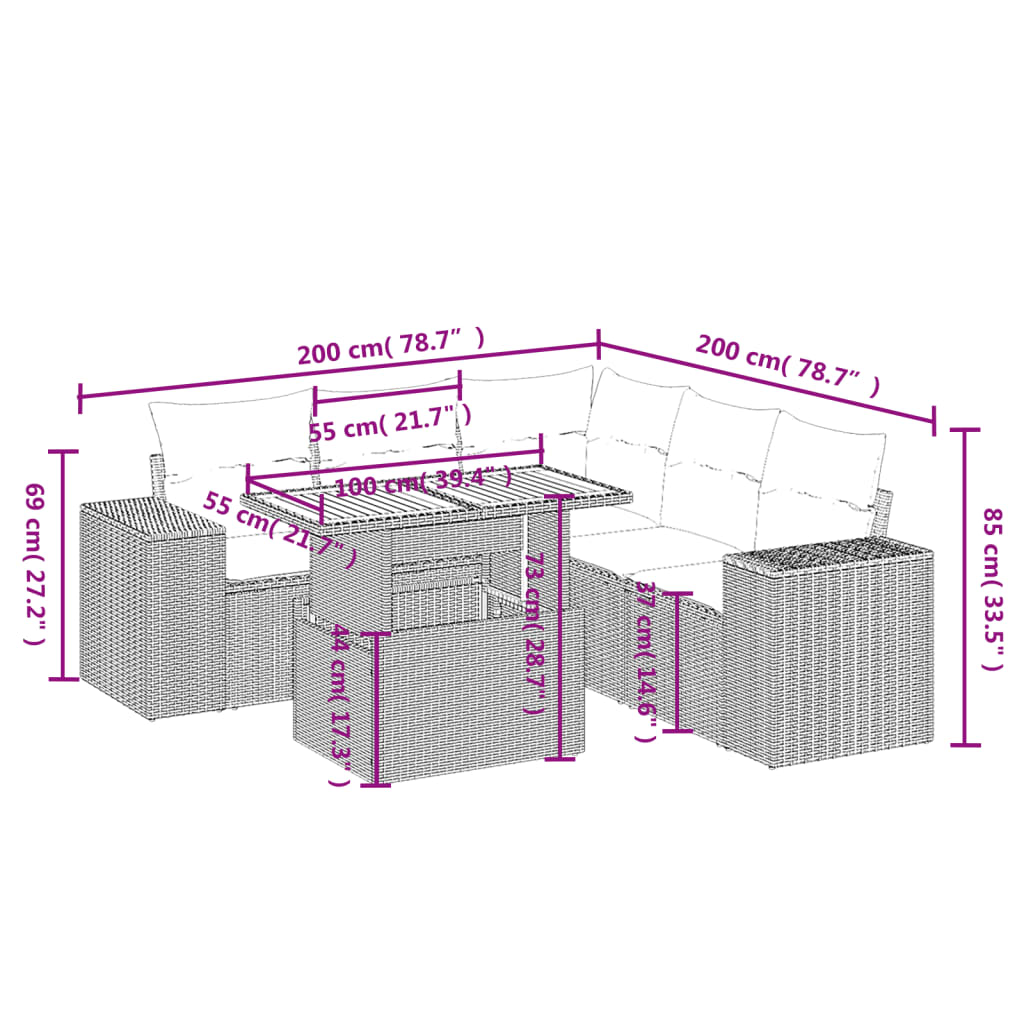 vidaXL 6-delige Loungeset met kussens poly rattan grijs afbeelding