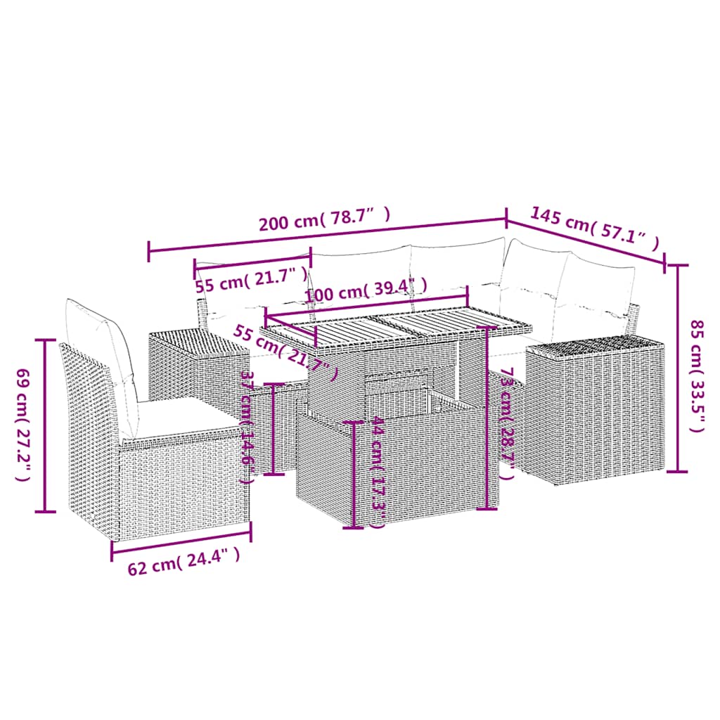 Set mobilier de grădină cu perne, 6 piese, negru, poliratan 3272637 - imagine 3