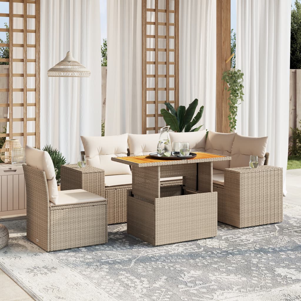 vidaXL 6-tlg. Garten-Sofagarnitur mit Kissen Beige Poly Rattan