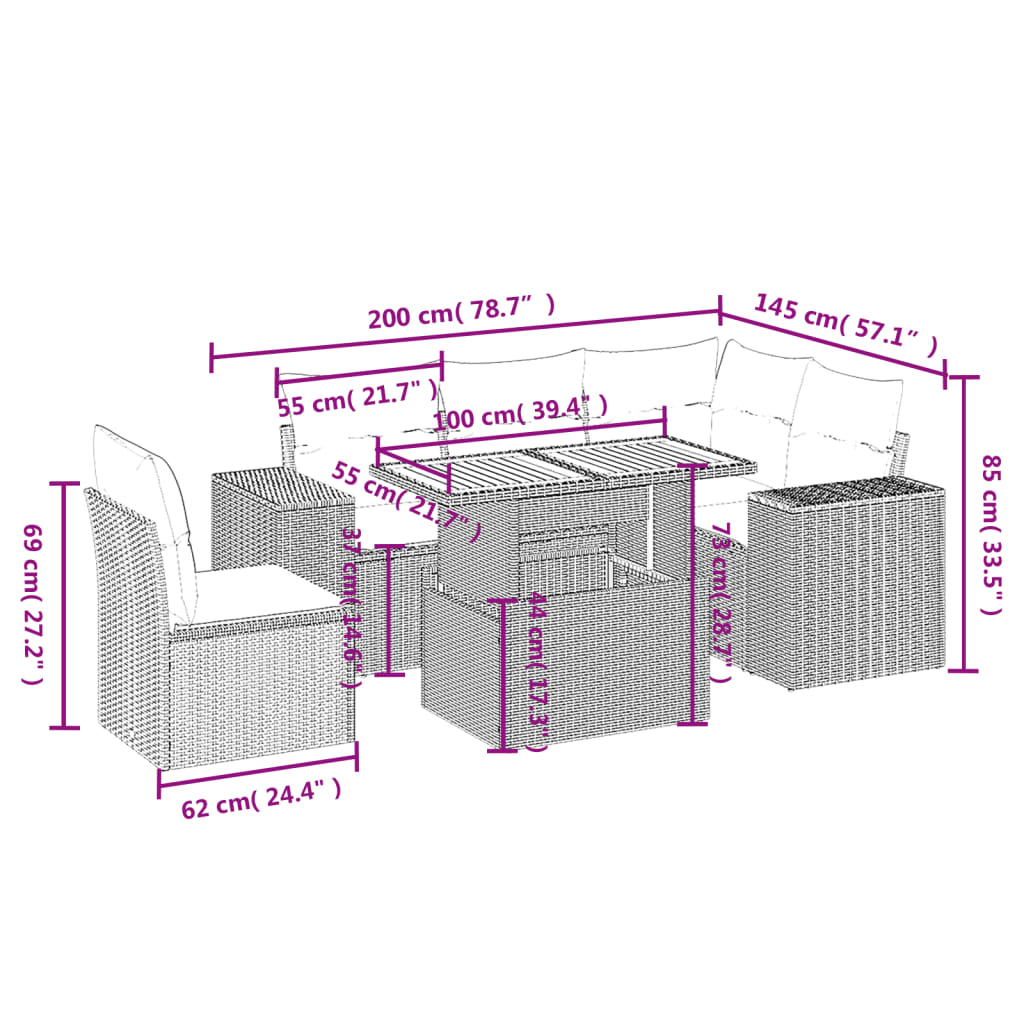 vidaXL 6-delige Loungeset met kussens poly rattan grijs afbeelding