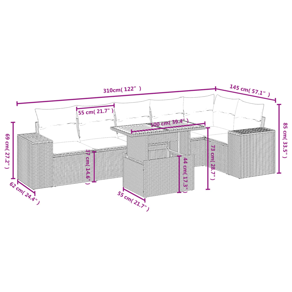 vidaXL 7-delige Loungeset met kussens poly rattan beige afbeelding