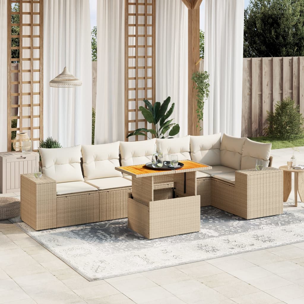 vidaXL 7-tlg. Garten-Sofagarnitur mit Kissen Beige Poly Rattan