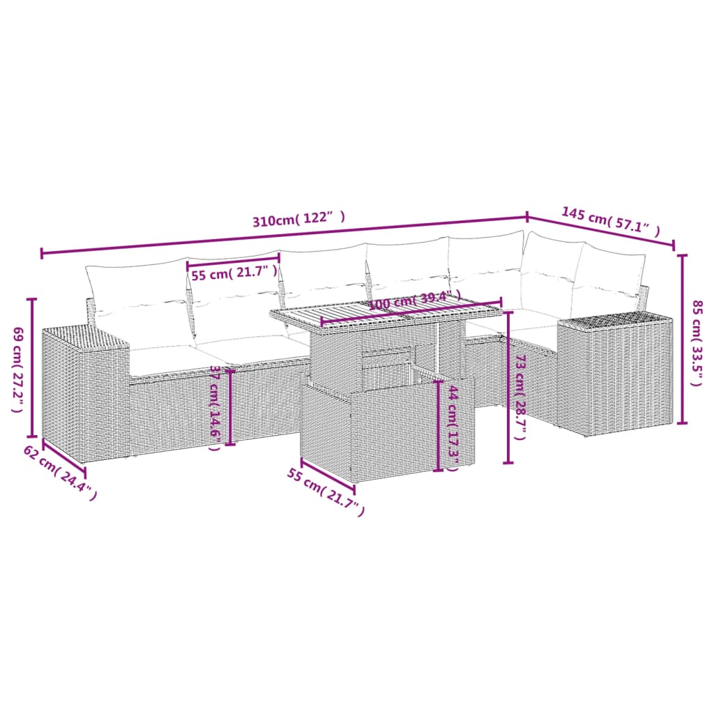 vidaXL 7-delige Loungeset met kussens poly rattan beige afbeelding