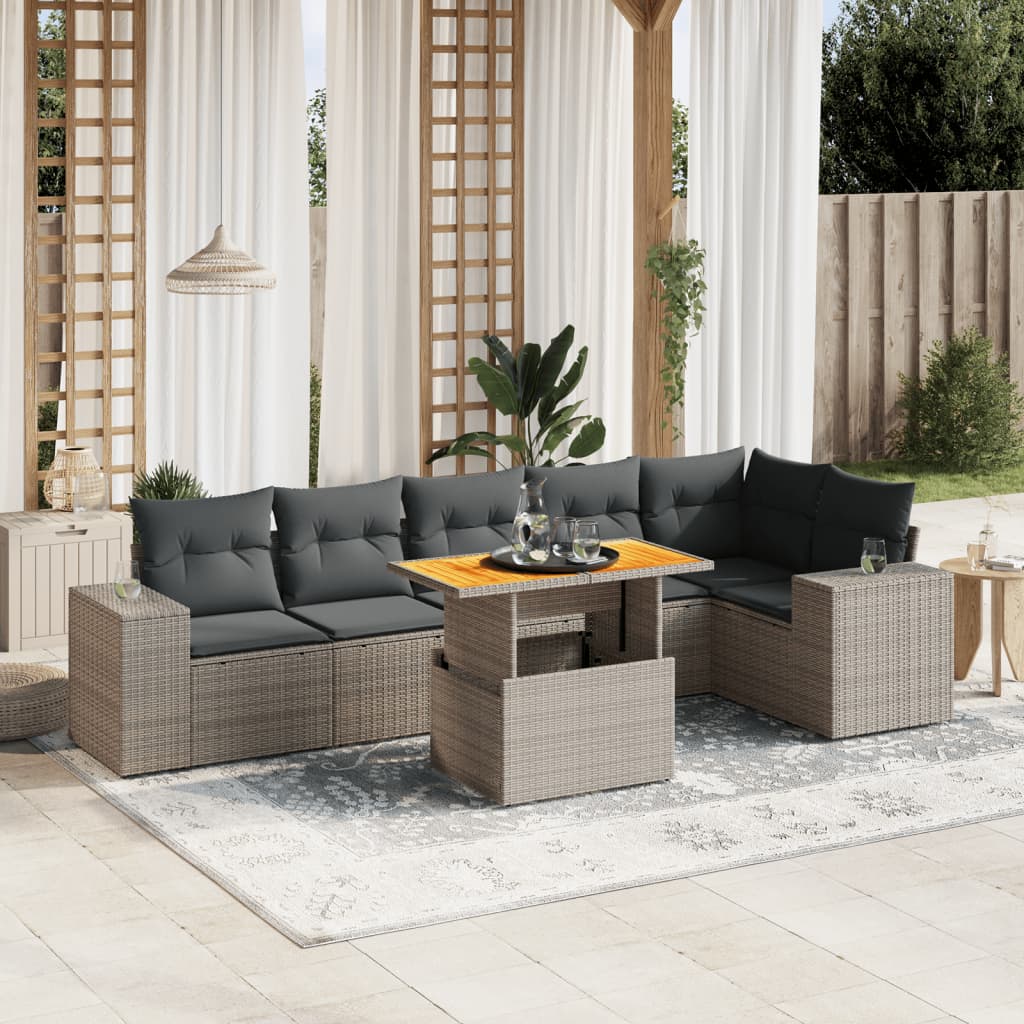 vidaXL Set canapele de grădină, 7 piese, cu perne, gri, poliratan
