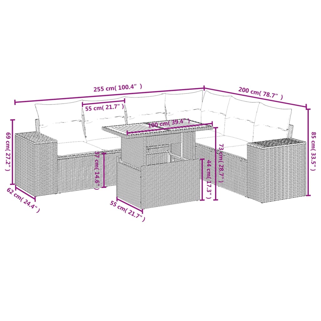vidaXL 7-delige Loungeset met kussens poly rattan zwart afbeelding