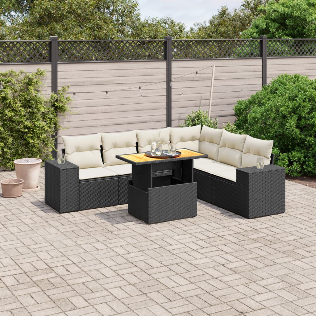 vidaXL 7-tlg. Garten-Sofagarnitur mit Kissen Schwarz Poly Rattan