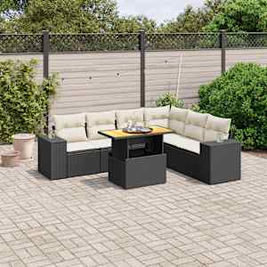 Vrtna sedežna garnitura 7-delna z blazinami črn poli ratan