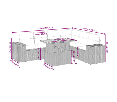 vidaXL 7 pcs conjunto de sof&aacute;s p/ jardim com almofad&otilde;es vime PE bege