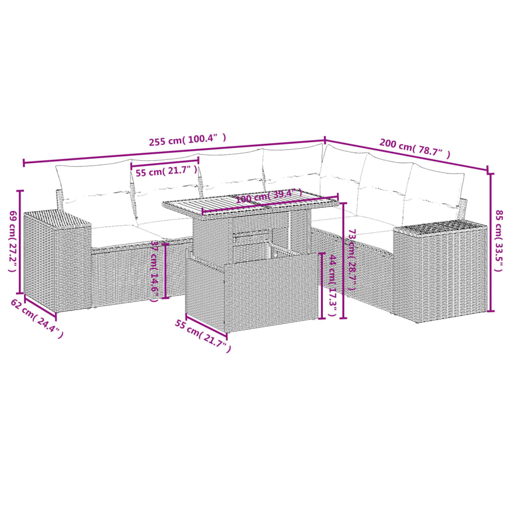 vidaXL 7-delige Loungeset met kussens poly rattan grijs afbeelding