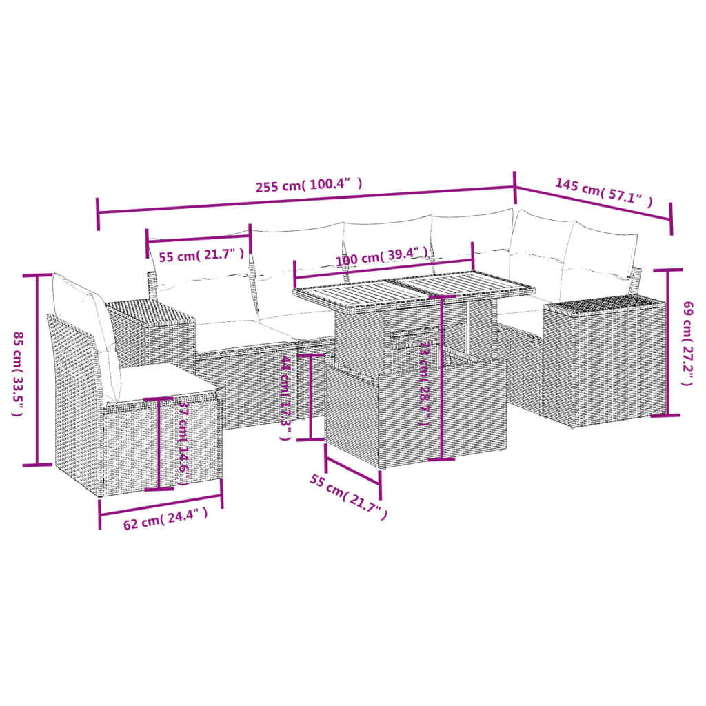 vidaXL 7-delige Loungeset met kussens poly rattan beige afbeelding