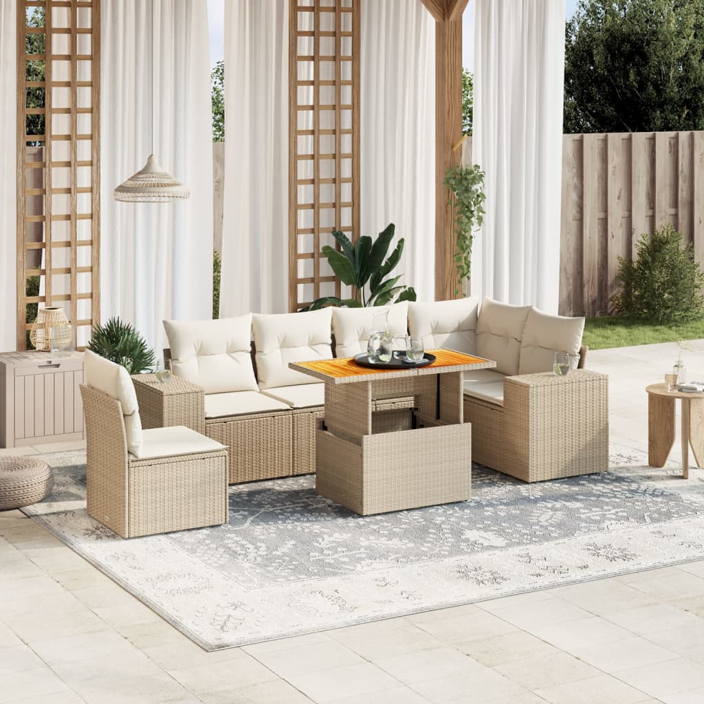 vidaXL 7-tlg. Garten-Sofagarnitur mit Kissen Beige Poly Rattan