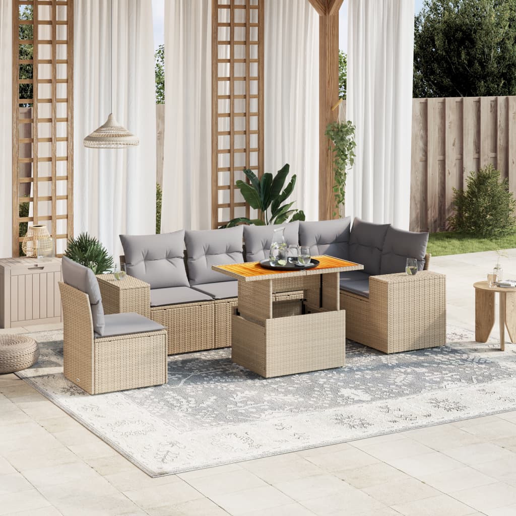 vidaXL 7-tlg. Garten-Sofagarnitur mit Kissen Beige Poly Rattan