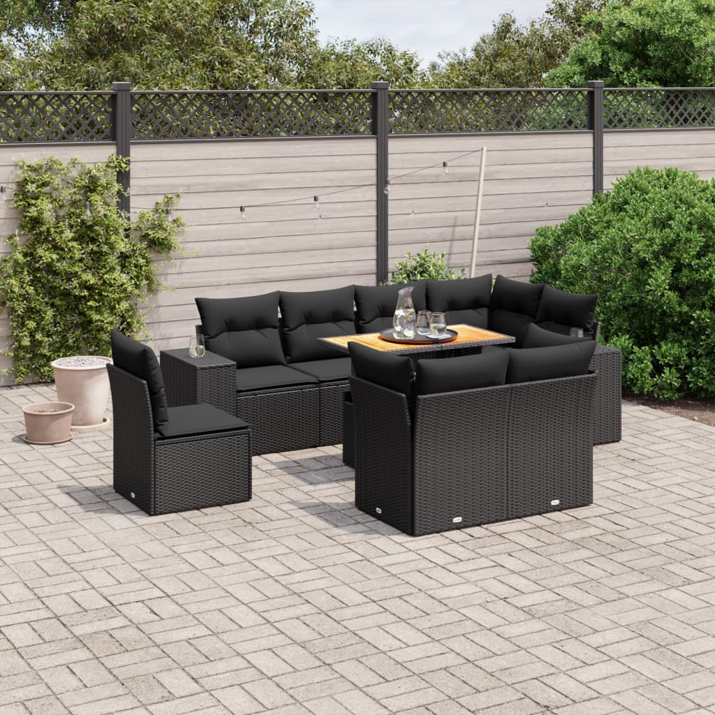 9-tlg. Garten-Sofagarnitur mit Kissen Schwarz Poly Rattan