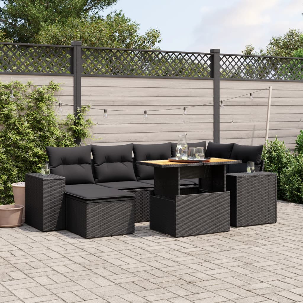 vidaXL 7-tlg. Garten-Sofagarnitur mit Kissen Schwarz Poly Rattan