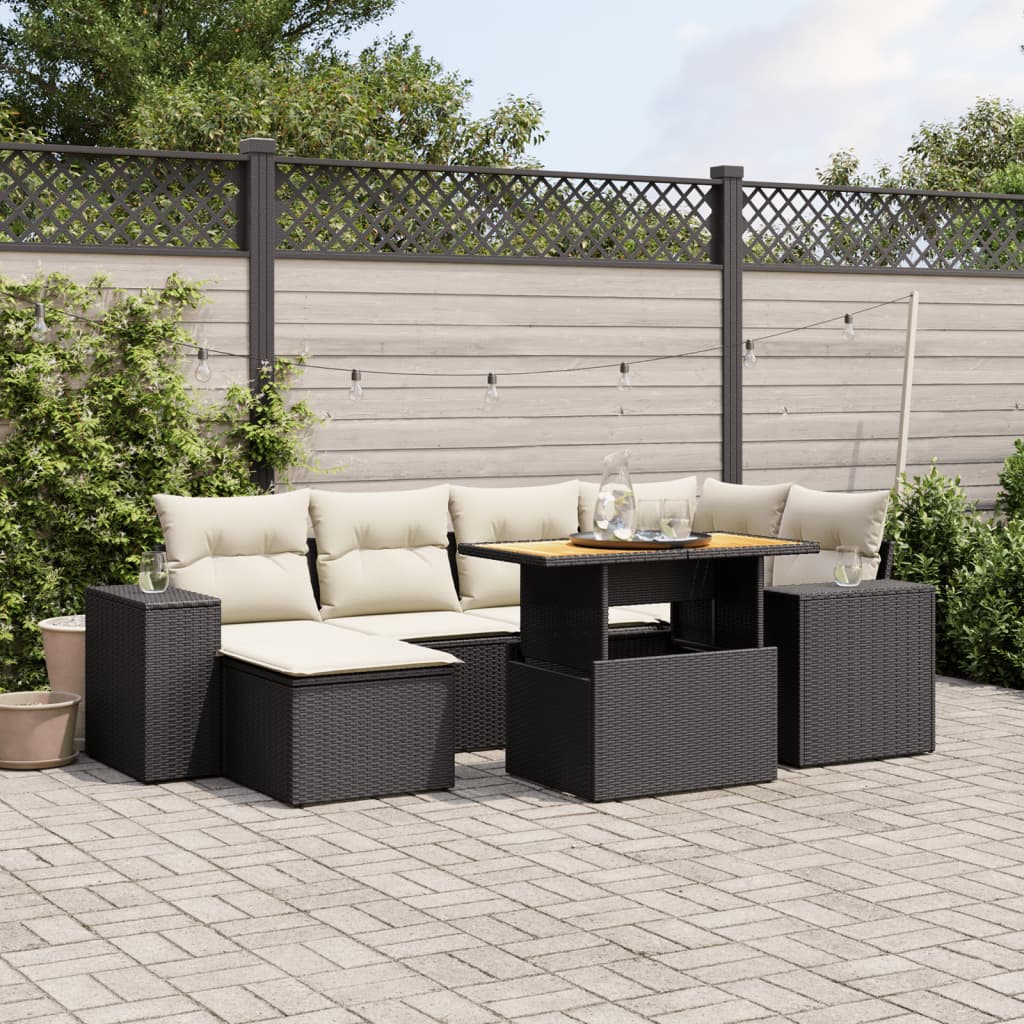 7-tlg. Garten-Sofagarnitur mit Kissen Schwarz Poly Rattan