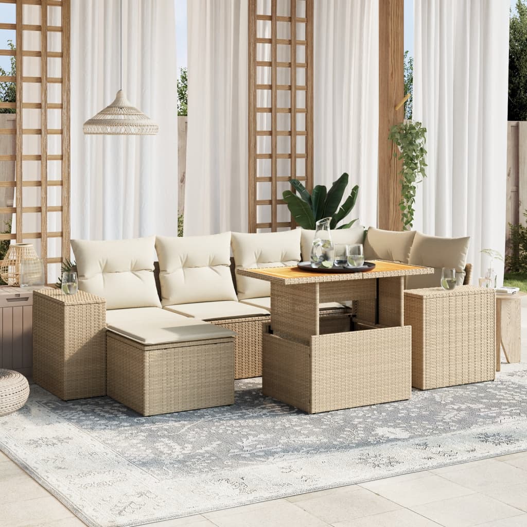 vidaXL 7-tlg. Garten-Sofagarnitur mit Kissen Beige Poly Rattan