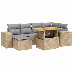 Vrtna sedežna garnitura 7-delna z blazinami bež poli ratan - slika 2