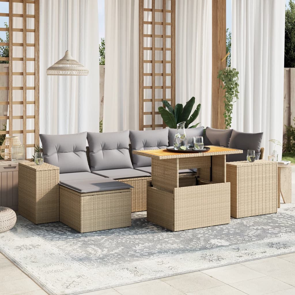 vidaXL 7-tlg. Garten-Sofagarnitur mit Kissen Beige Poly Rattan