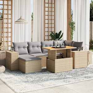 Vrtna sedežna garnitura 7-delna z blazinami bež poli ratan