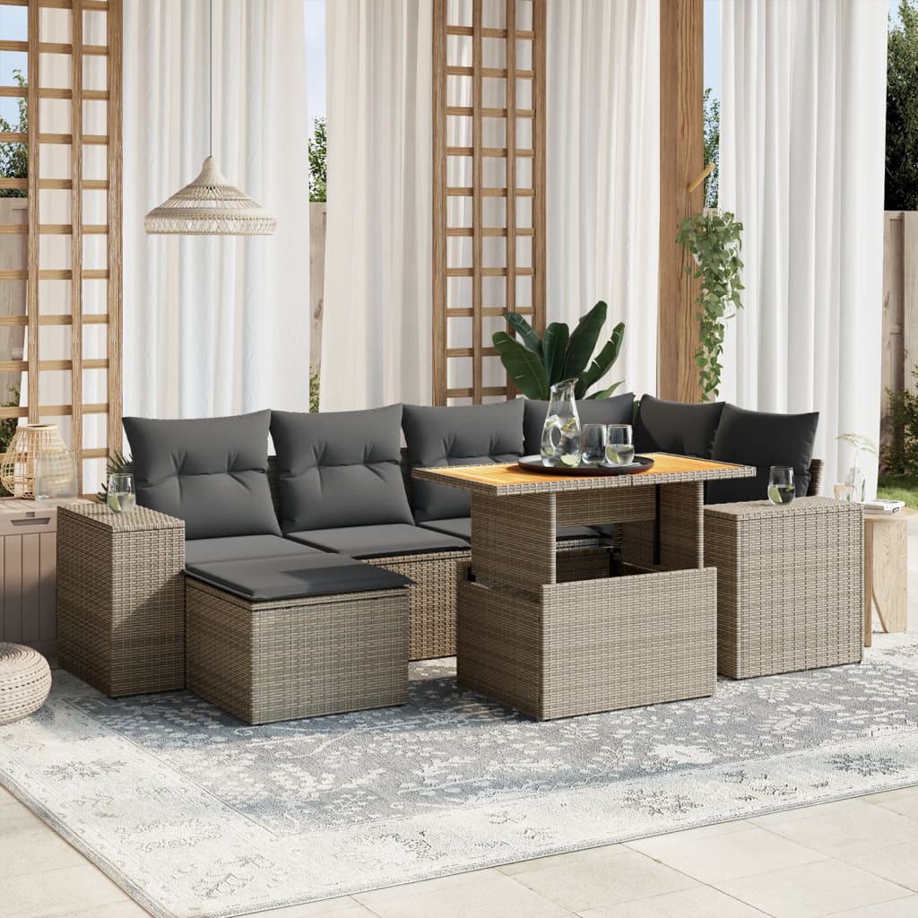 vidaXL 7-tlg. Garten-Sofagarnitur mit Kissen Grau Poly Rattan