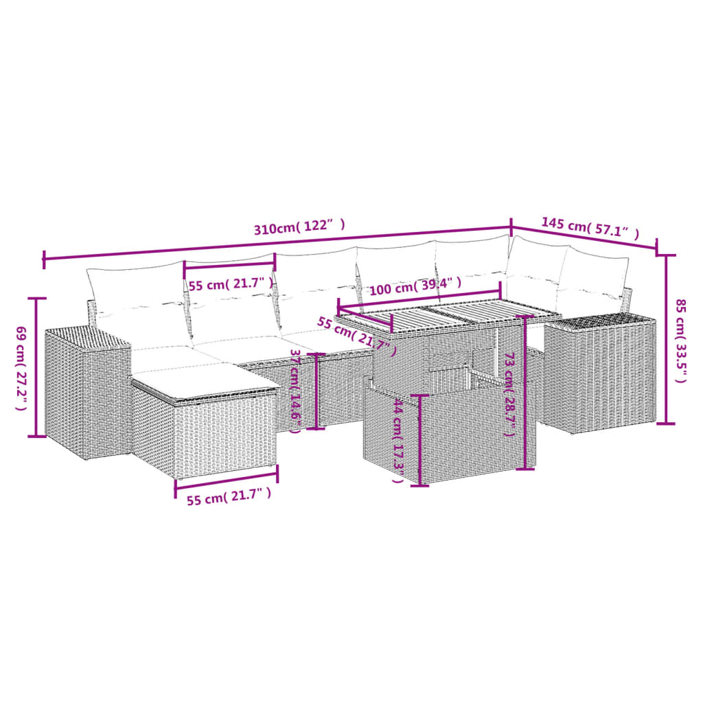 vidaXL 8-delige Loungeset met kussens poly rattan zwart afbeelding