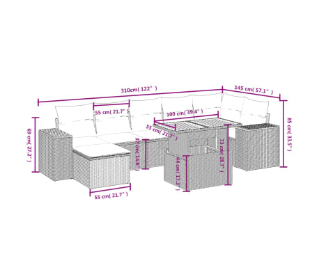 vidaXL 8 pcs conjunto de sof&aacute;s p/ jardim com almofad&otilde;es vime PE bege