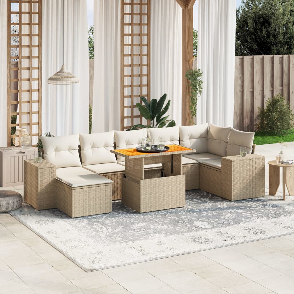 vidaXL 8-tlg. Garten-Sofagarnitur mit Kissen Beige Poly Rattan