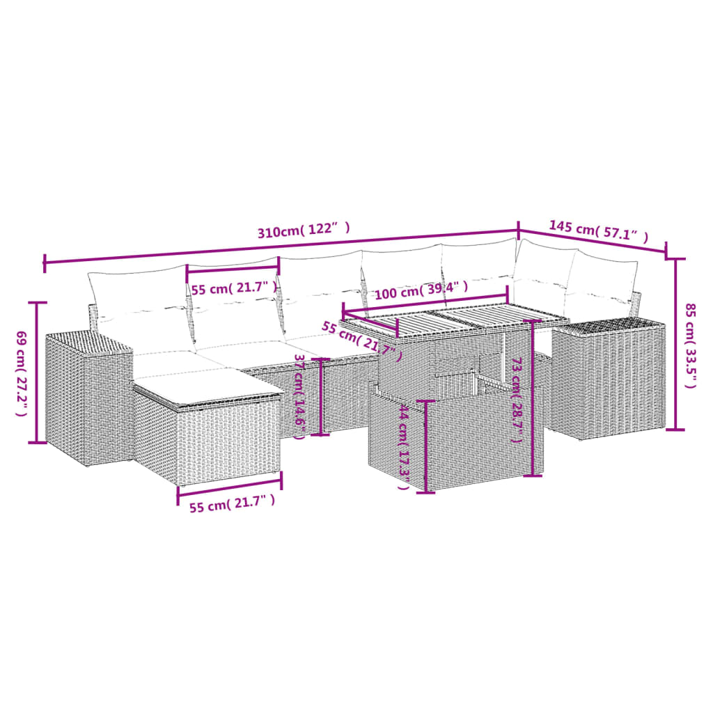 vidaXL 8-delige Loungeset met kussens poly rattan beige afbeelding