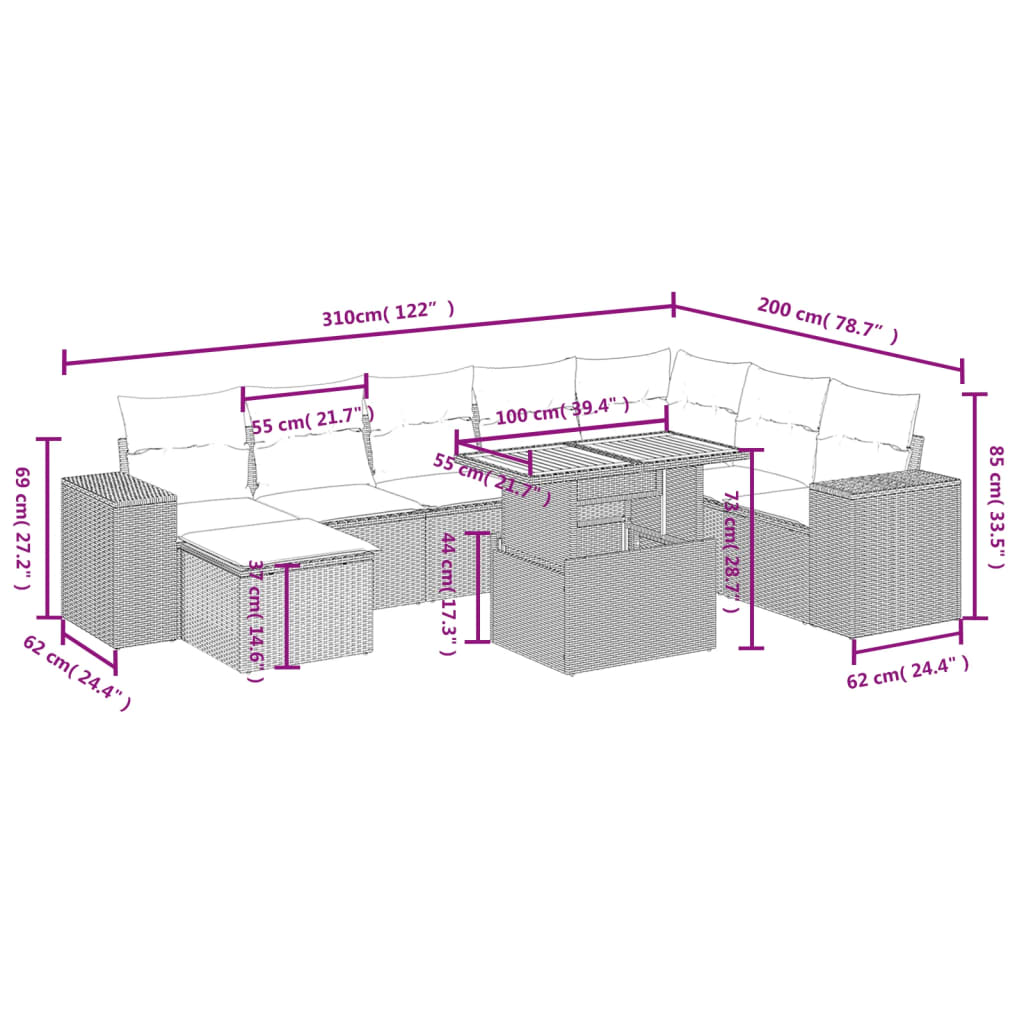 vidaXL 9-delige Loungeset met kussens poly rattan zwart afbeelding