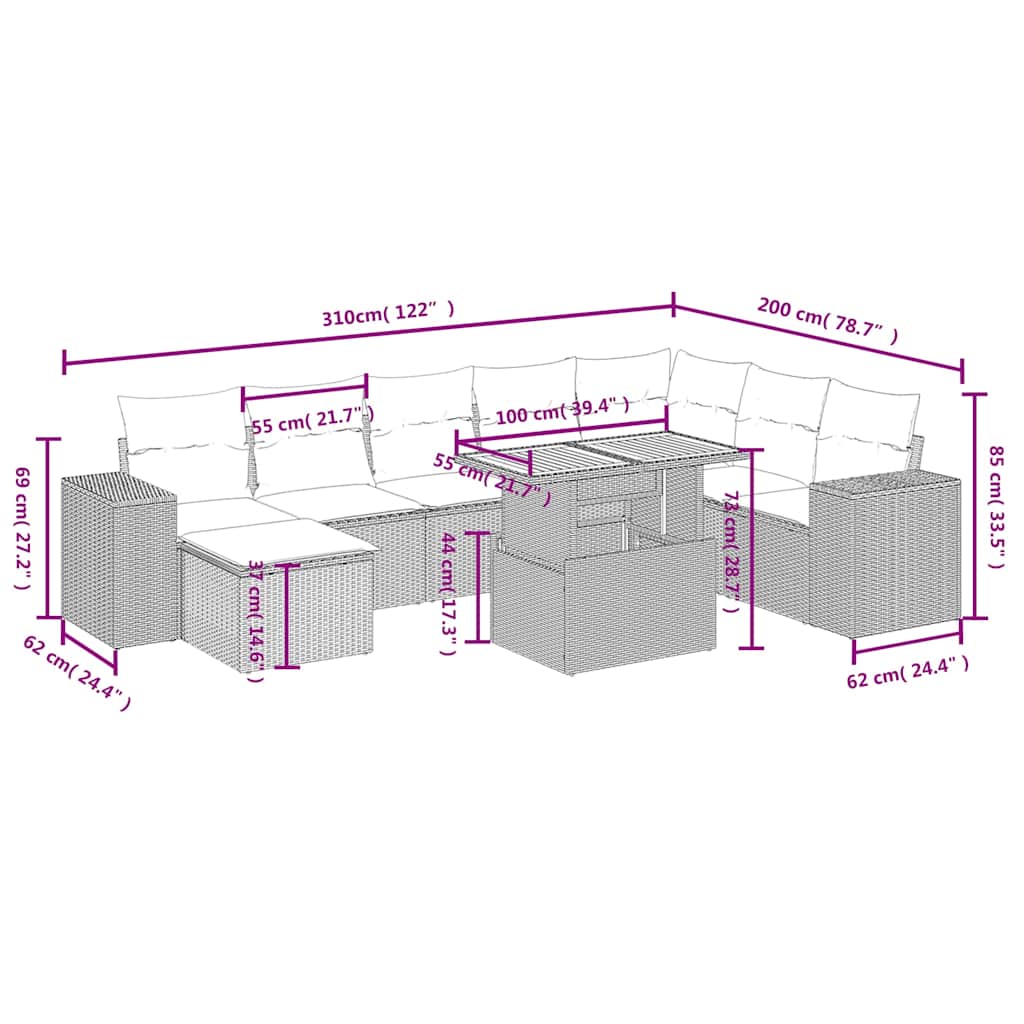 Set mobilier de grădină cu perne, 9 piese, negru, poliratan 3272770 - imagine 3