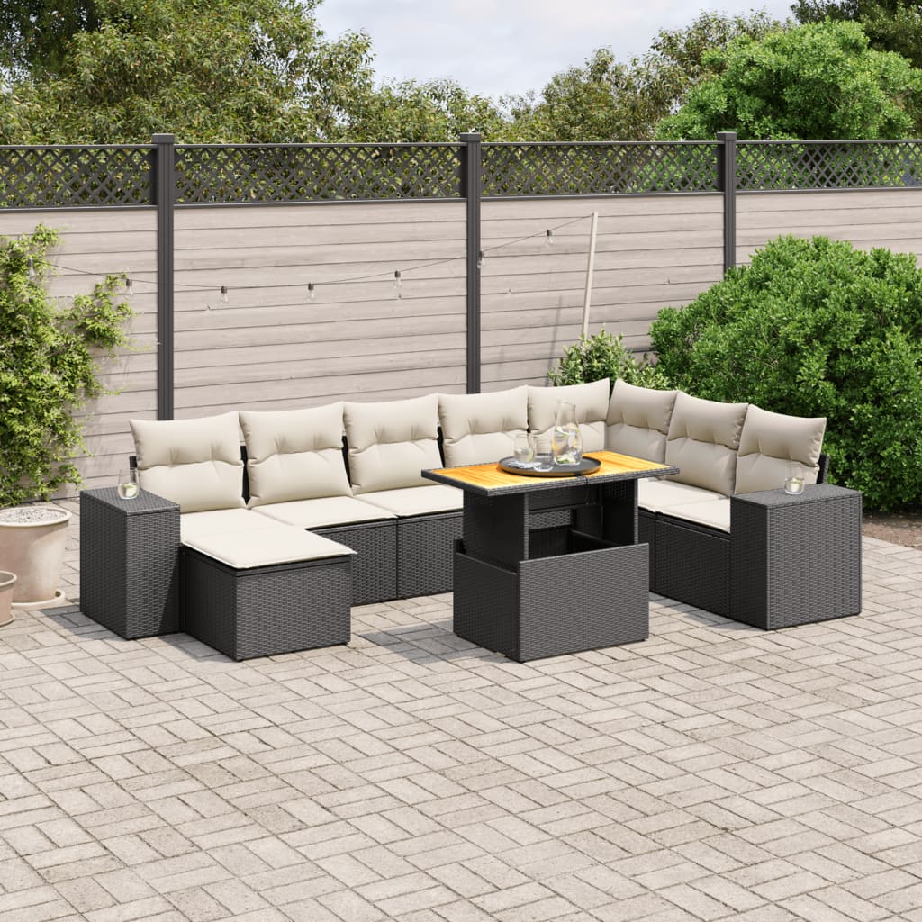 9-tlg. Garten-Sofagarnitur mit Kissen Schwarz Poly Rattan