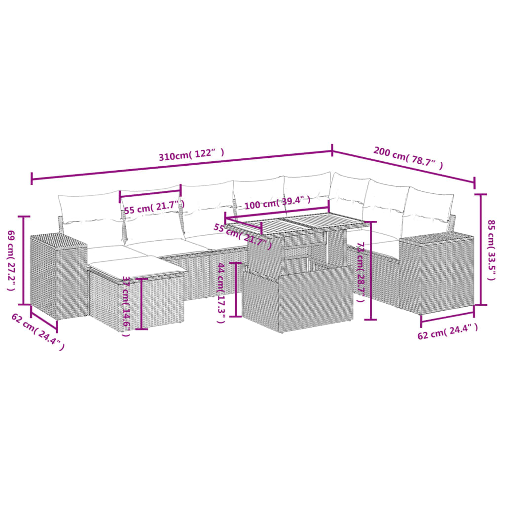 vidaXL 9-delige Loungeset met kussens poly rattan beige afbeelding
