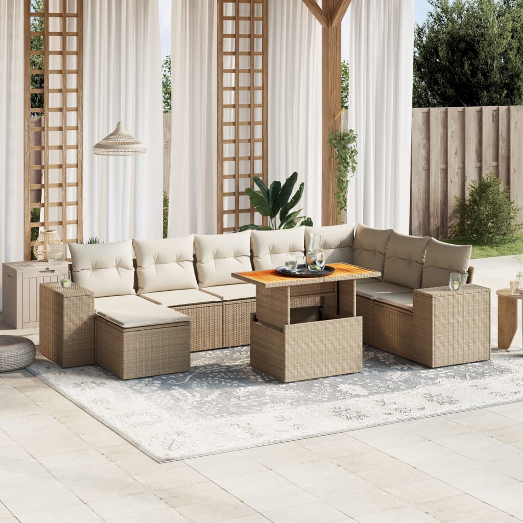 vidaXL 9-tlg. Garten-Sofagarnitur mit Kissen Beige Poly Rattan