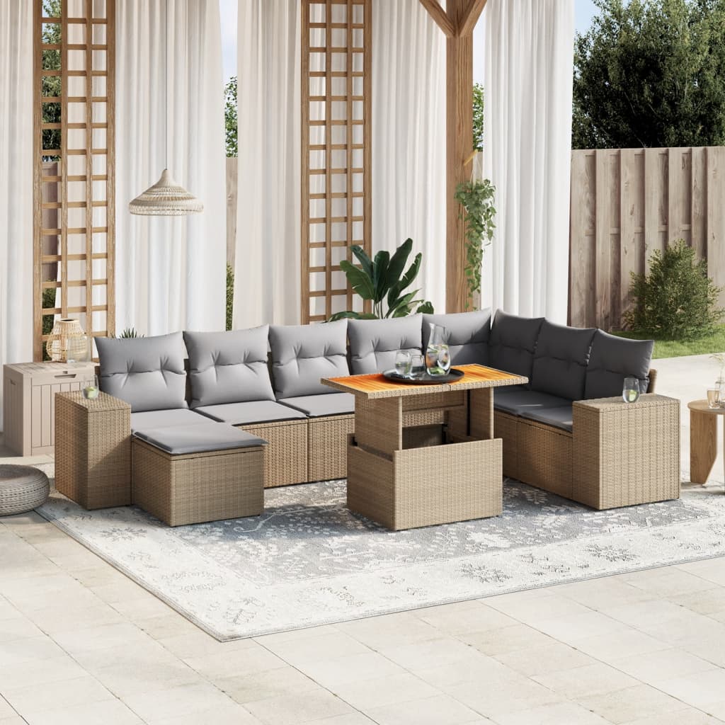 vidaXL 9-tlg. Garten-Sofagarnitur mit Kissen Beige Poly Rattan