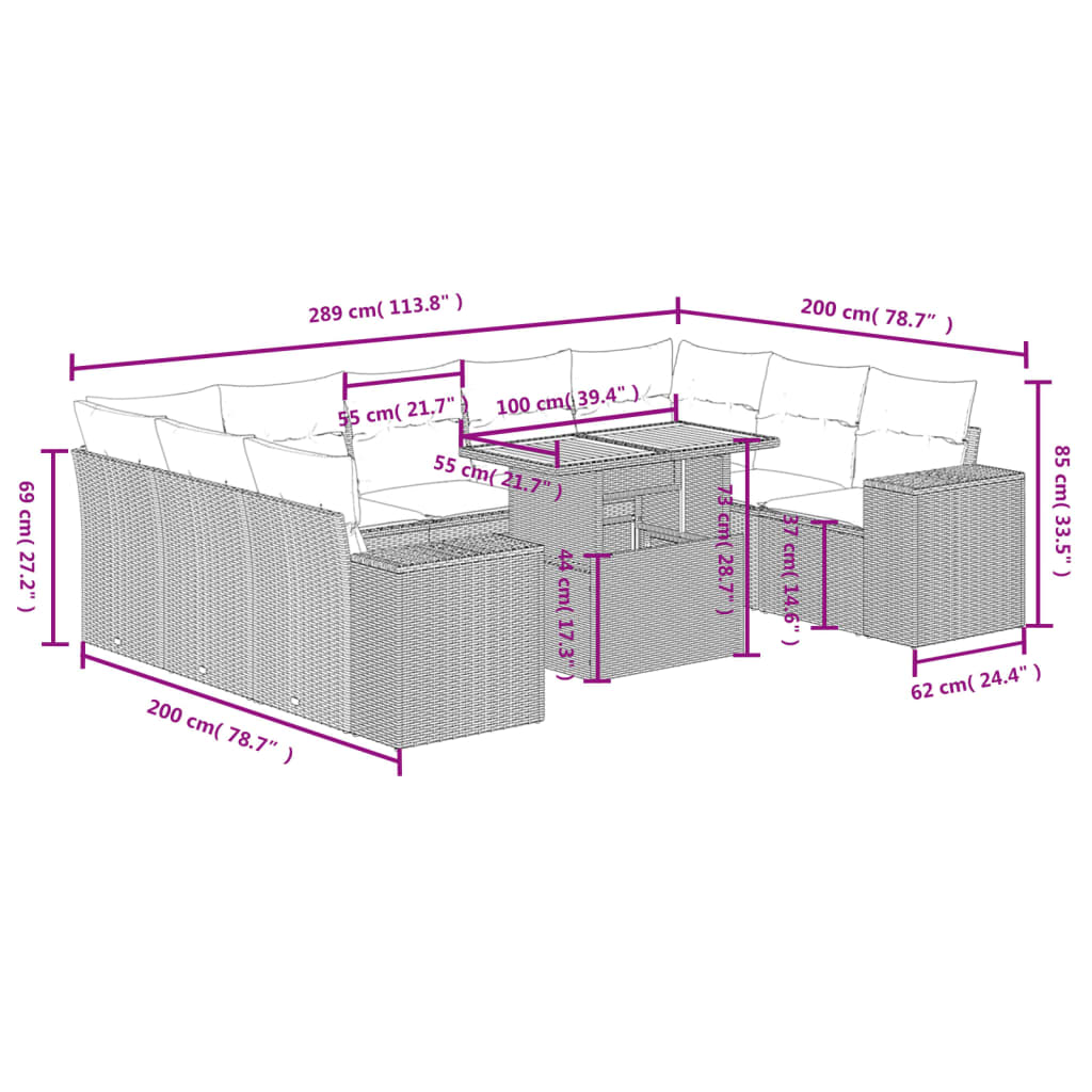 vidaXL 10-delige Loungeset met kussens poly rattan zwart afbeelding