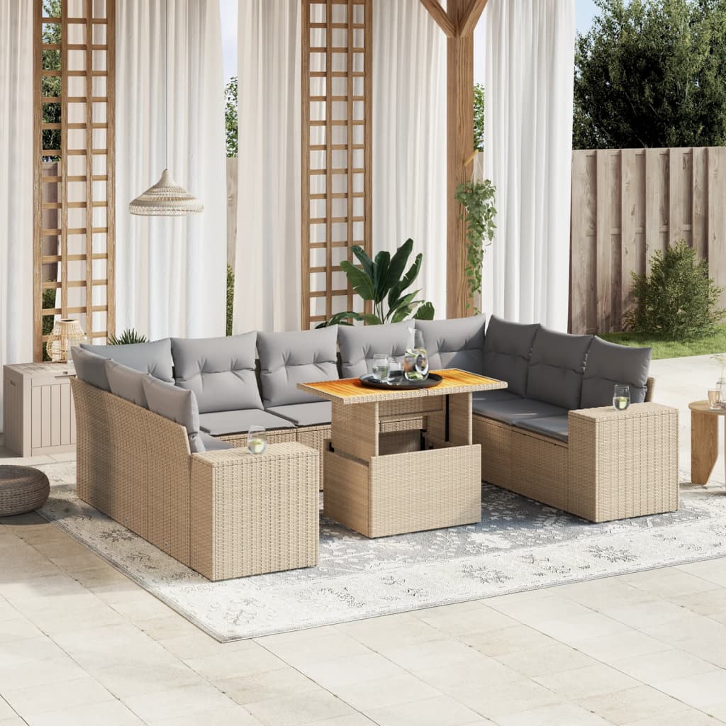 vidaXL 10-tlg. Garten-Sofagarnitur mit Kissen Beige Poly Rattan