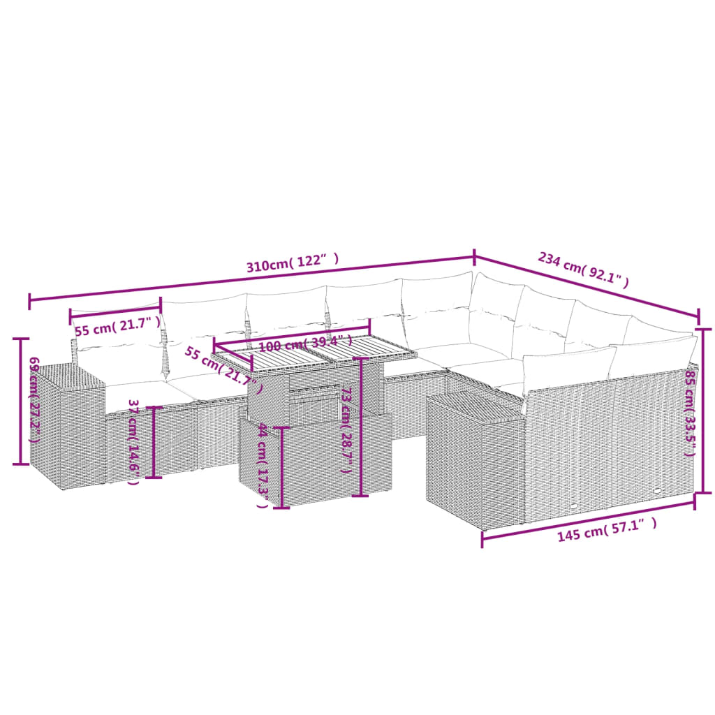 vidaXL 10-delige Loungeset met kussens poly rattan zwart afbeelding
