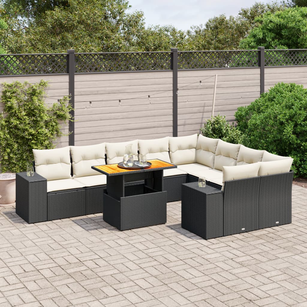 vidaXL 10-tlg. Garten-Sofagarnitur mit Kissen Schwarz Poly Rattan