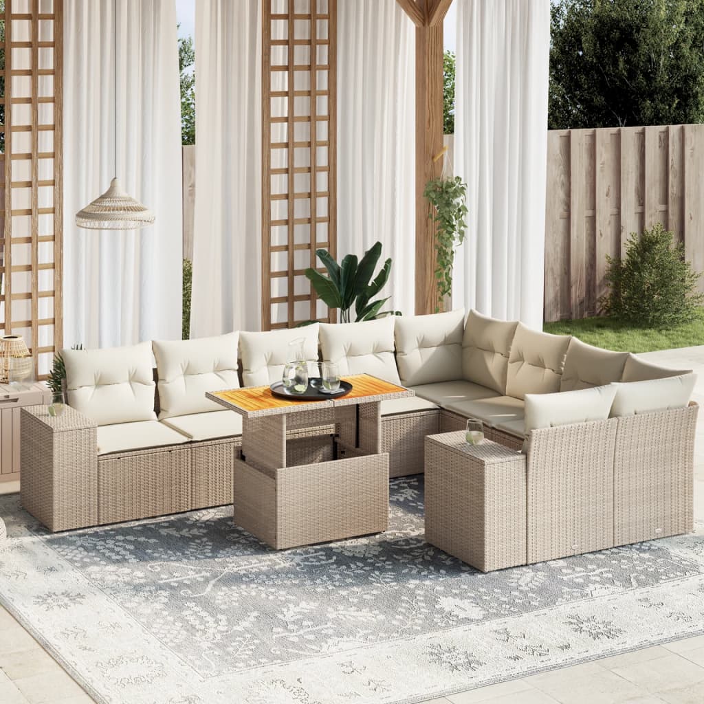 vidaXL 10-tlg. Garten-Sofagarnitur mit Kissen Beige Poly Rattan