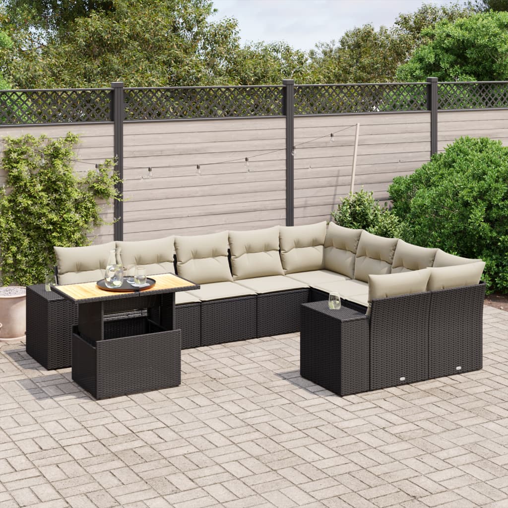 vidaXL 10-tlg. Garten-Sofagarnitur mit Kissen Schwarz Poly Rattan